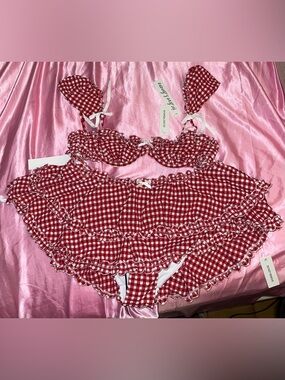 For Love & Lemons Red Gingham Ruffle Bikini Set